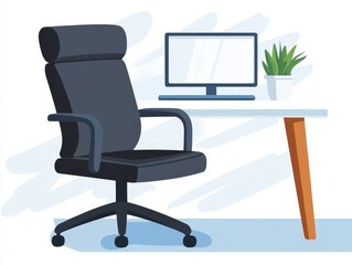 Desk with a chair and computer setup in a modern office environment for productivity and work