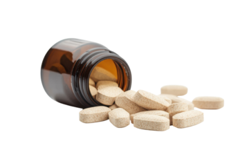 A brown bottle spills colorful vitamins on a clean white surface isolated on transparent background