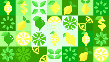 Lemon geometric background. Vector minimalist style pattern. Bauhaus trend. Abstract illustration of lemon, leaves, symbols. Simple icon.