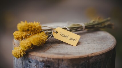 Naklejka premium Small bouquet of flowers with a thank you tag attached