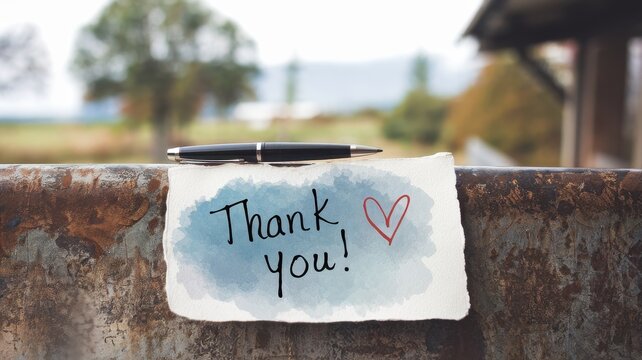 Thank you note and pen resting outdoors on rusty metal
