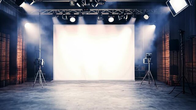 Bright studio lights illuminate white backdrop in smoky photo studio