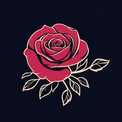 A logo in vector style, featuring a rose with an outline, simple line art, in red and gold colors on a dark blue background.