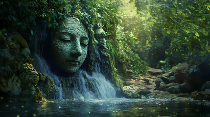 Serene waterfall in enchanted forest - nature stock photo. Whispering Stone Faces. Illustration
