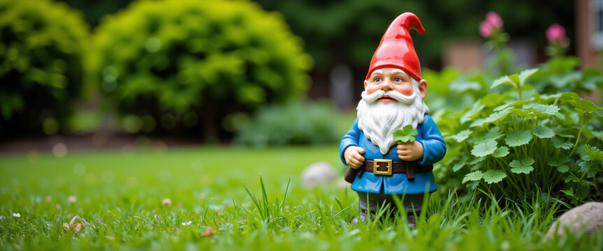 Cheerful garden gnome with a red hat amidst lush greenery representing a whimsical gardening vibe in a peaceful outdoor setting