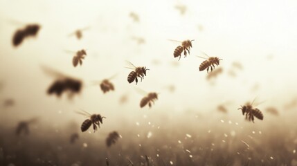 Fototapeta premium Honeybees flying in hazy sunlight