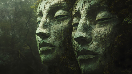 Whispering woods - ancient faces speak on the wind. Whispering Stone Faces. Illustration