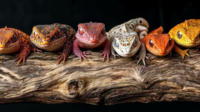 Colorful geckos perched on branch, dark background, studio shot