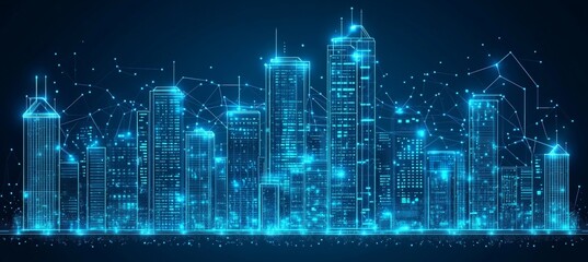 Obraz premium Futuristic Cityscape at Night, Interconnected with a Network of Nodes and Lines, Bright Blue Hues