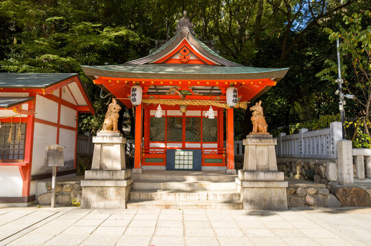 Ikuta Jinja Shrine in Kobe in Asia, Japan, Kansai, Kobe, in summer, on a sunny day.