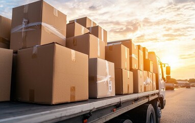 Truck loaded with cardboard boxes parked on a street in an urban environment during daylight hours