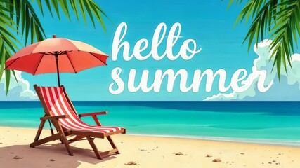 Summer hello vector banner set. Hello summer text beach time with chair and umbrella decoration elements in blue sky background collection. Vector illustration summer greeting invitation banner