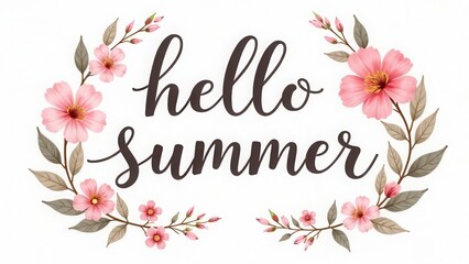 beautiful floral design with hello summer text on white background