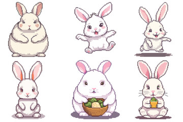 collection of pixel art white bunnies in various styles and poses, 8-bit style