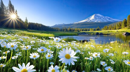 Sunny Mountain Meadow Daisies And River