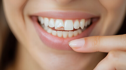 Close-up of a young woman smiling with a chipped tooth