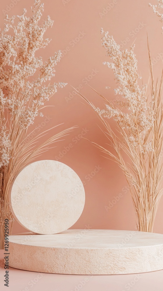 Poster A serene setting features a round and circular podium against a soft peach backdrop. Surrounding the podium are delicate dried grasses, creating an inviting atmosphere for exhibitions or showcases