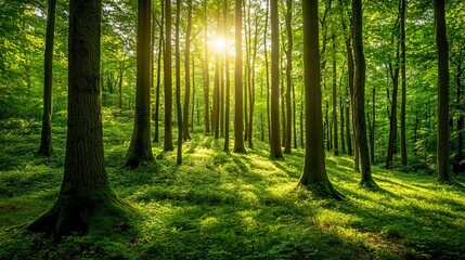 Obraz premium Lush green forest environment with towering trees.