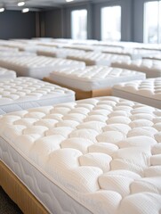 Fototapeta premium Room interior with multiple rows of neatly arranged mattresses for sale or display