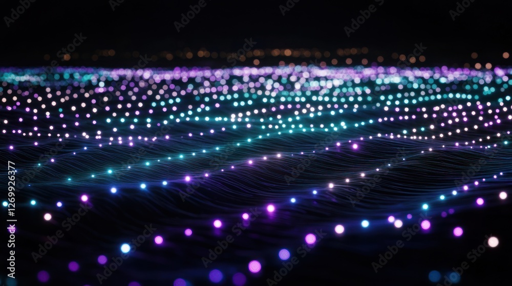 Poster abstract data stream with glowing nodes and wavy lines in dark background
