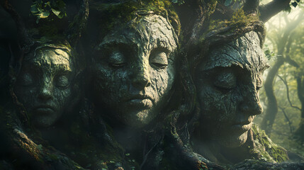 Enchanted trees with faces, forest depth, close-up, straight-on angle, dusk's whispering tales. Whispering Stone Faces. Illustration