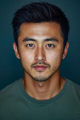 Fototapeta premium A man with a green shirt is looking at the camera