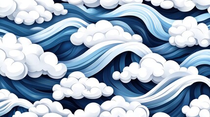 Seam pattern design featuring clouds and waves in a textured fabric style