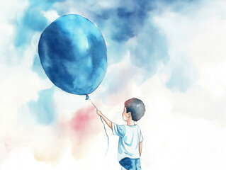 watercolor illustration of a boy holding a large blue balloon on an abstract background, 