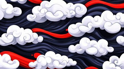 Seam pattern featuring clouds intertwined with a vibrant red ribbon design on fabric background