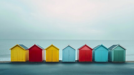Panorama of colorful beach huts standing in a row by the ocean.