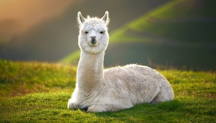 Fototapeta premium white alpaca sitting on the grass
