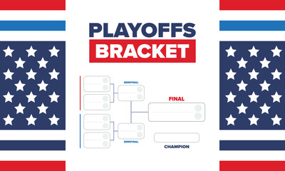 Playoffs bracket. Playoffs grid. Sport tournament bracket. Game and competition schedule. Season final. Team and players. Championship winner. Match score. Vector poster