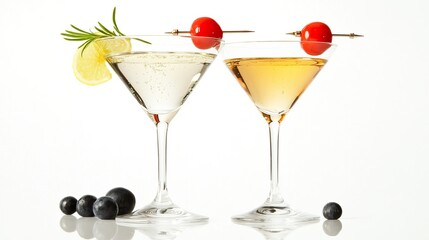 Two classic martinis set against a white backdrop.