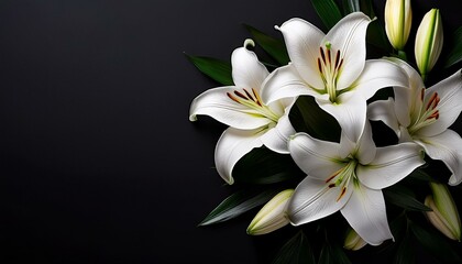 top view of a white lily bouquet on a black background with available copy space image