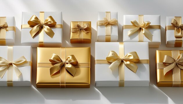 a grid of gifts elegant white and gold presents