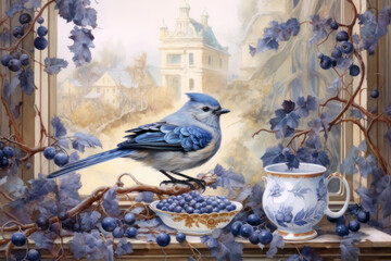 An exquisite painting in the style of a classic watercolor. In the center of the scene is a bluebird,  