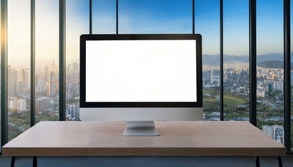 Fototapeta premium blank computer screen in a room city view from window
