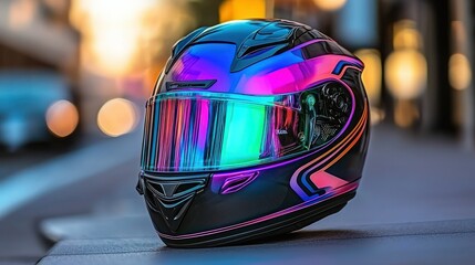 Fototapeta premium Iridescent motorcycle helmet on city street, sunset