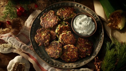 Scrumptious Zucchini Fritters with Creamy Dill Sauce - A Festive Culinary Delight