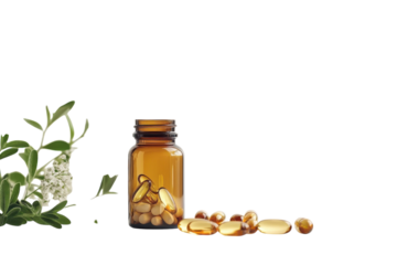 Natural wellness captured in an elegant amber bottle with herbal capsules and fresh greenery isolated on transparent background