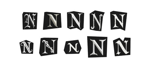 letter N, set of cut-out symbol from magazines on a transparent background, black and white gothic ransom style