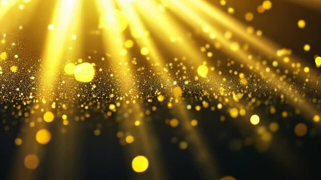 Golden light rays shining on glittering particles against a dark background
