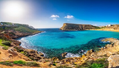 rocky beach and sapphire sea water on the maltese island mediterranean sea ghajn tuffieha bay malta high quality photo