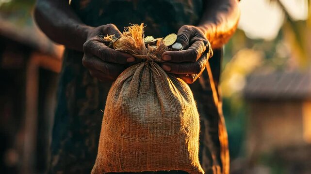 Hands holding small burlap sack of coins in rural African village at sunset