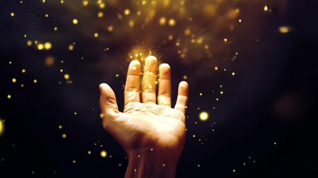 Open hand catching glowing golden magical light particles with a warm and mystical background