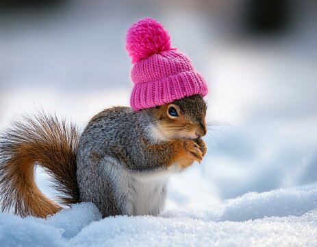cute squirrel in pink hat freezing in the snow and saying brr