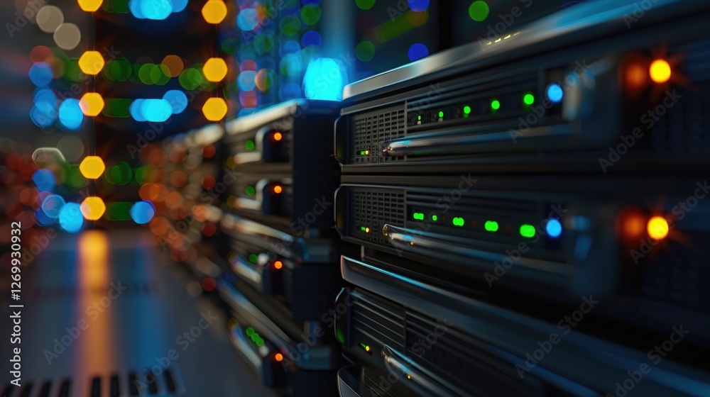 Poster a close-up view of server racks with illuminated indicators, showcasing data center technology and v