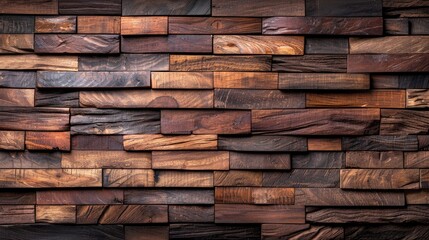 Obraz premium A textured wooden wall consisting of various shades and sizes of wooden planks arranged in a visually appealing pattern.