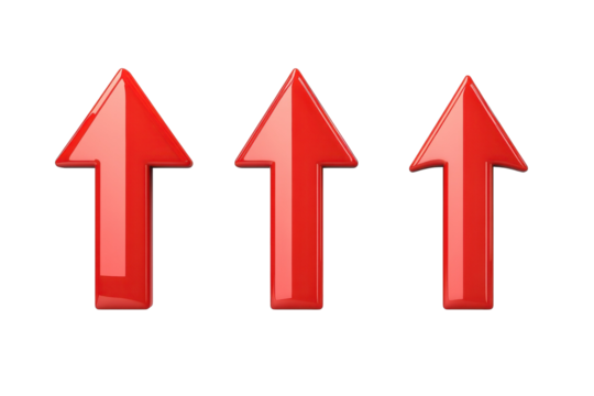 Bright red arrows pointing upwards symbolize growth and progress in a minimalistic design isolated on transparent background - Powered by Adobe