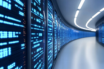 A futuristic view of a data center showcasing rows of servers with glowing blue lights, highlighting the complexity and scale of modern data storage and processing solutions.